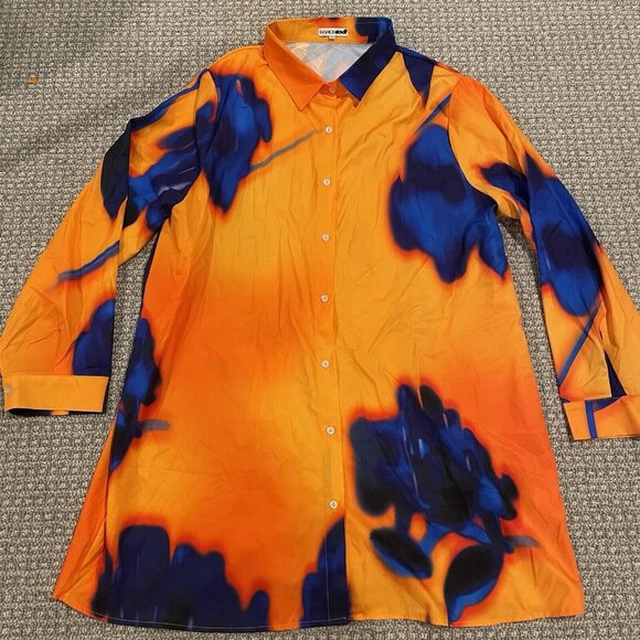 Fashion Nova Shirt Women's Size 3X Plus Button Down Orange Blue Fiery Oversized - Picture 1 of 7